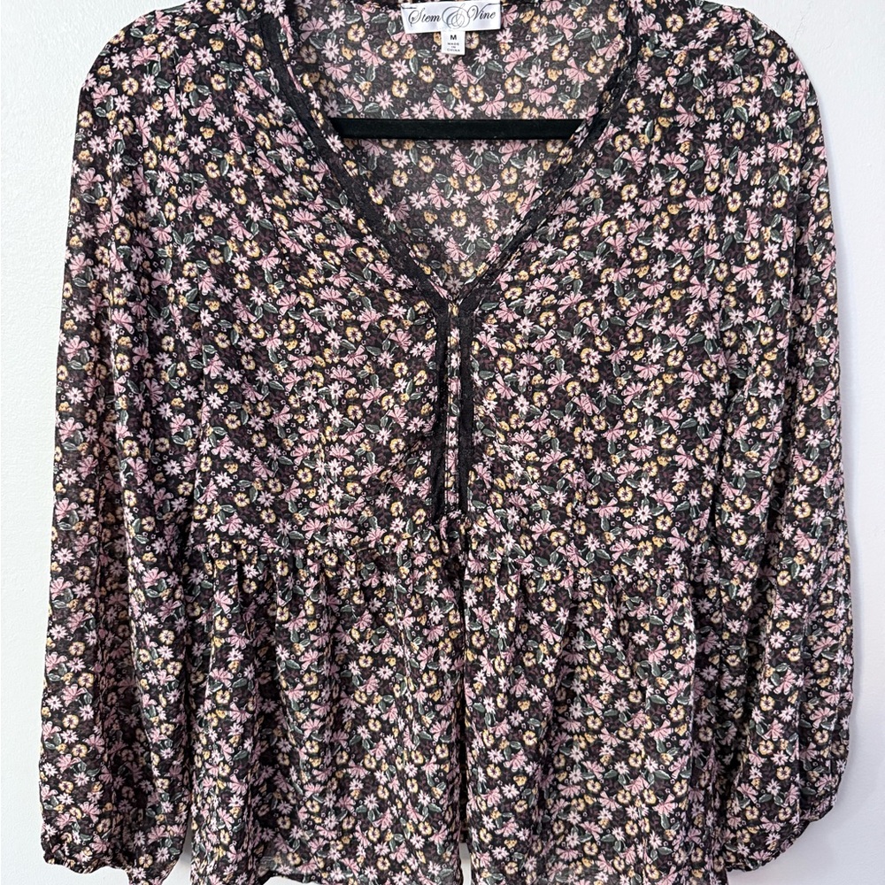 Stem and Vine Floral Tiered Ruffle Peplum Floral Blouse v-neck long sleeve